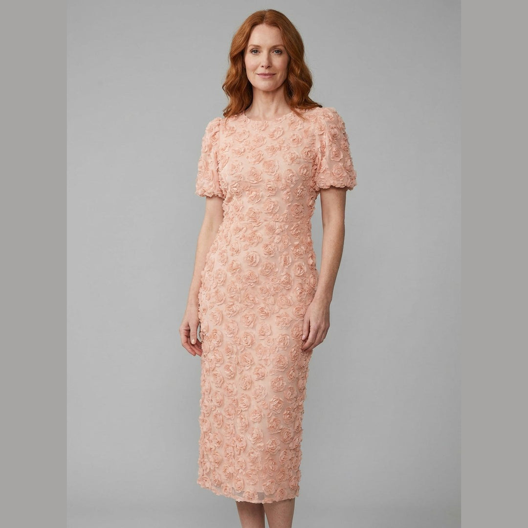 Dara blush peach floral puff sleeve midi dress front