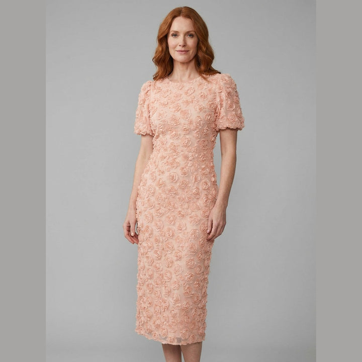 Dara blush peach floral puff sleeve midi dress front