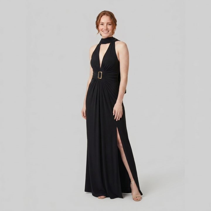 Dara black halter maxi gown on model