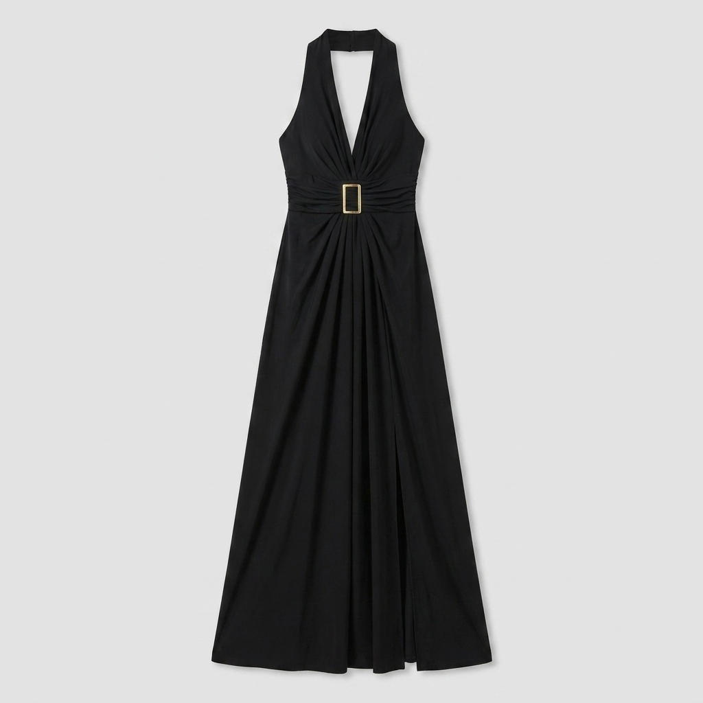 Dara black halter maxi gown product flat-lay