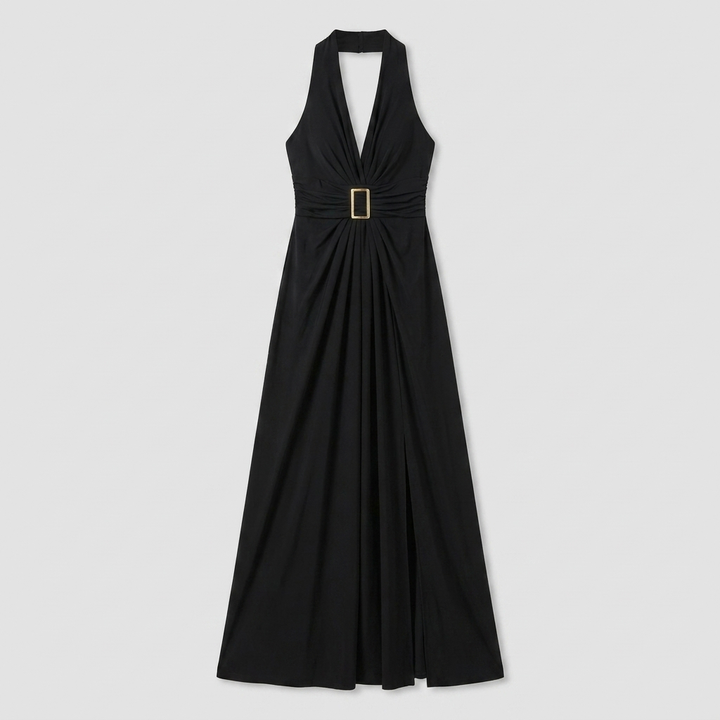 Dara black halter maxi gown product flat-lay