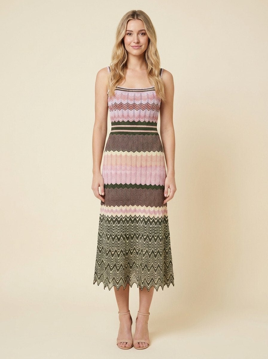 Dara contrast-color chevron knit midi dress front