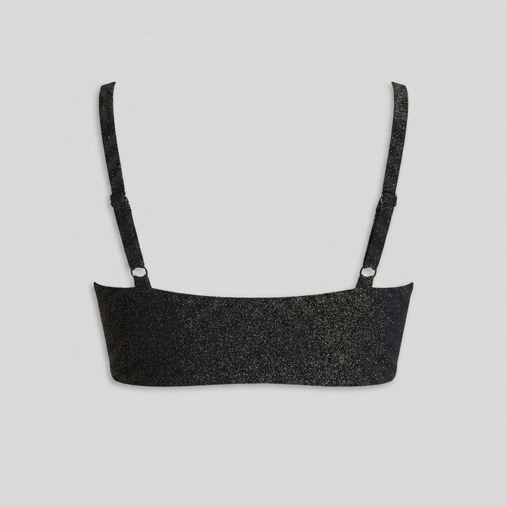 Dazzle black metallic bandeau swim top back flat lay