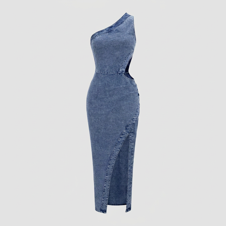 Dazzle steel blue denim one-shoulder midi dress product flat-lay