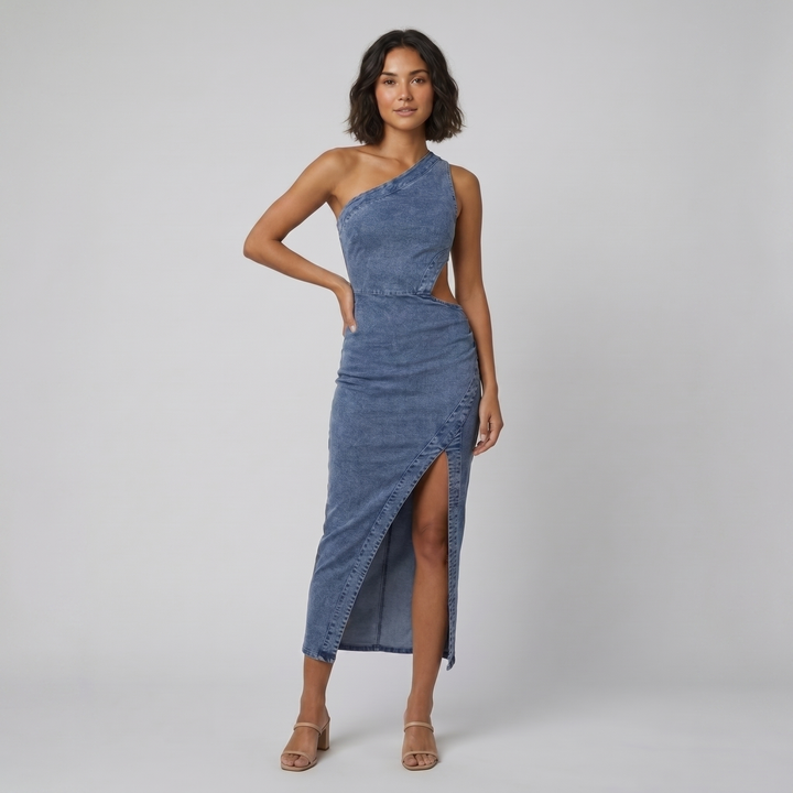Dazzle steel blue denim one-shoulder midi dress on model
