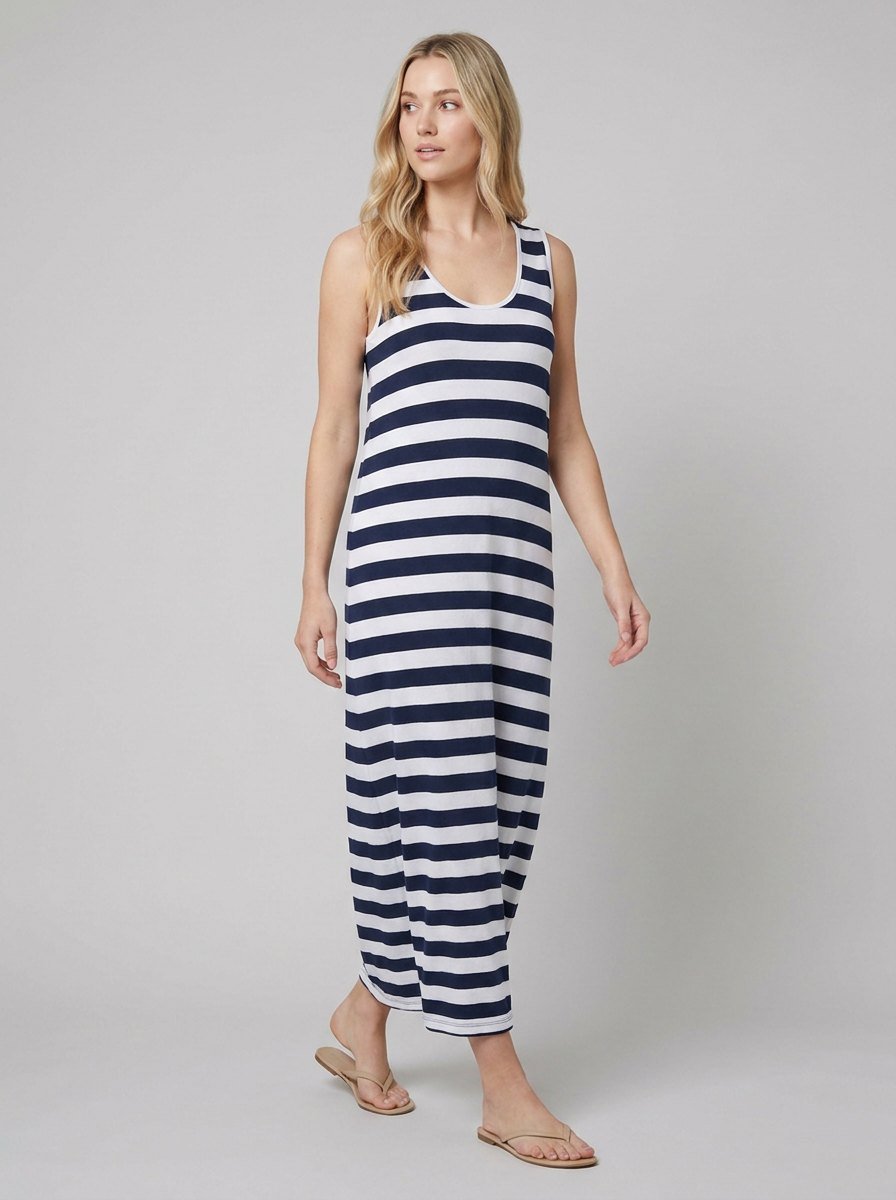 Dewey nautical stripe maxi dress walking