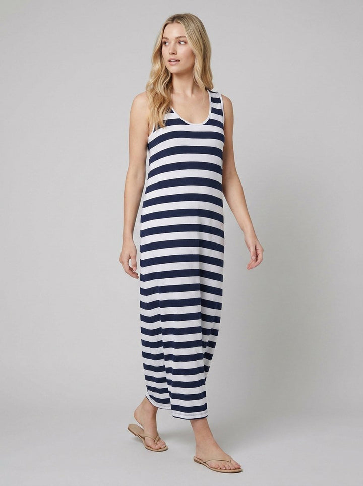 Dewey nautical stripe maxi dress walking