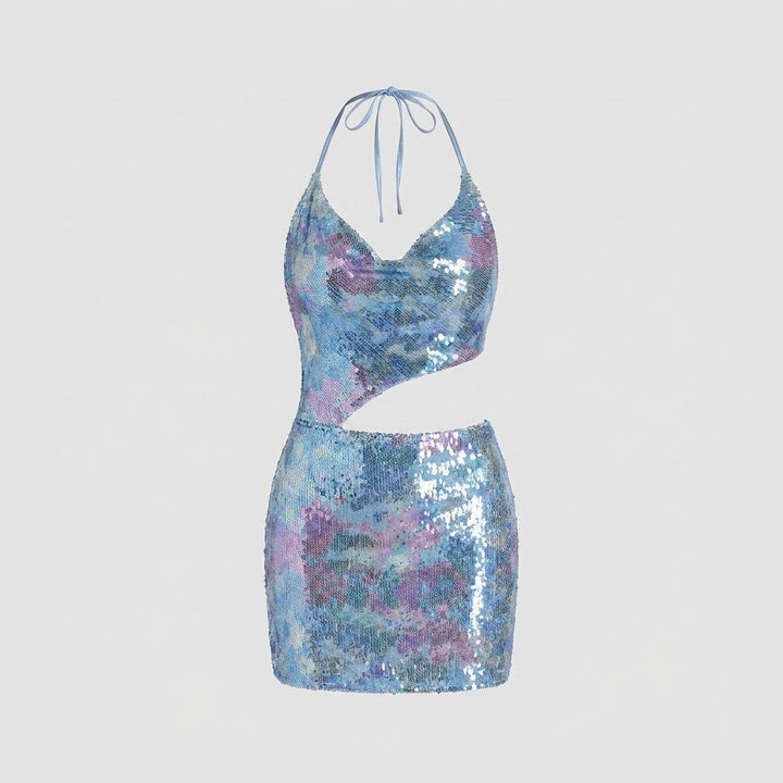Diora blue sequin cocktail dress product flat lay