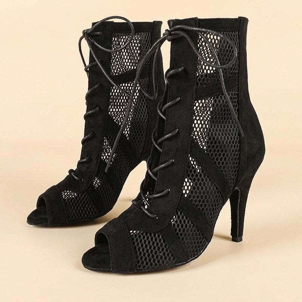 Diva black mesh lace-up dance booties, three-quarter view