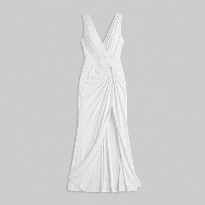 Diva white ruched maxi gown product flat-lay