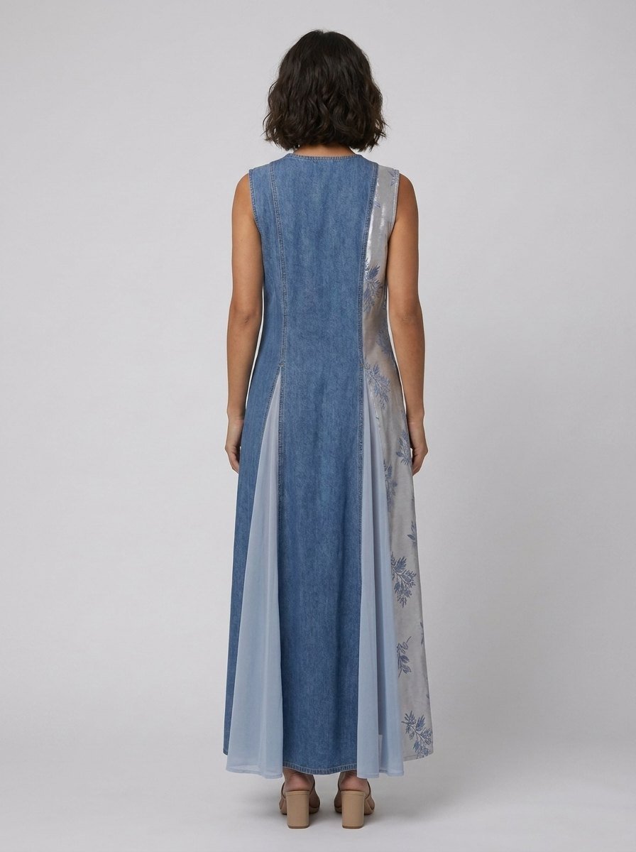 Domitille denim dress with asymmetrical patchwork, back view on model