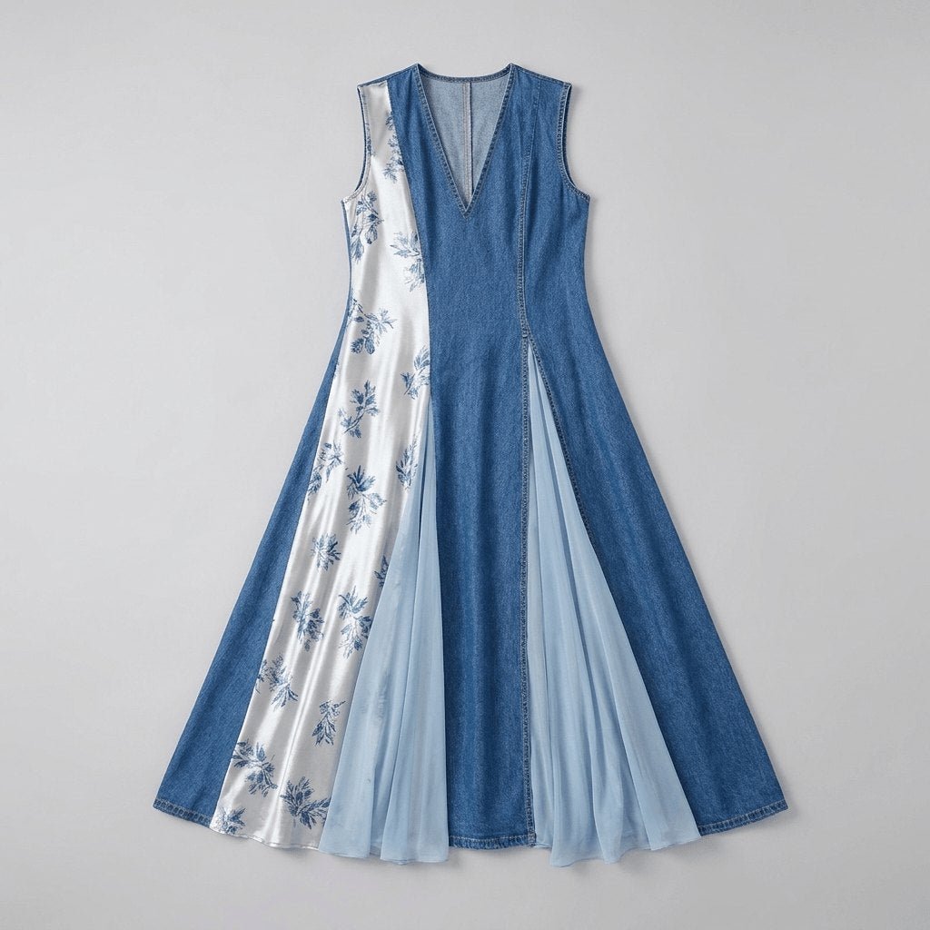 Domitille denim dress with asymmetrical patchwork, flat lay