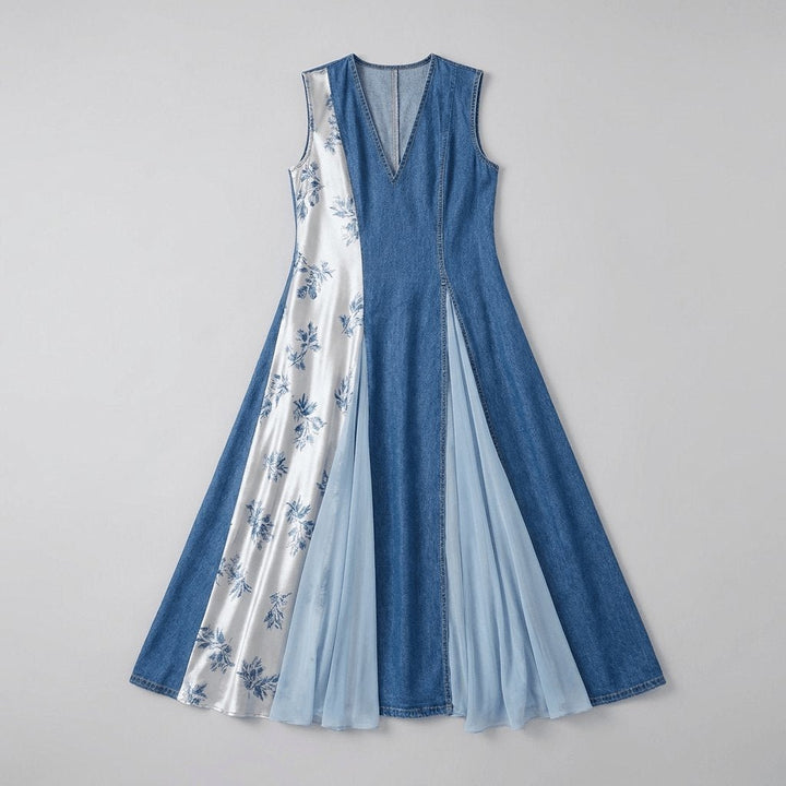 Domitille denim dress with asymmetrical patchwork, flat lay