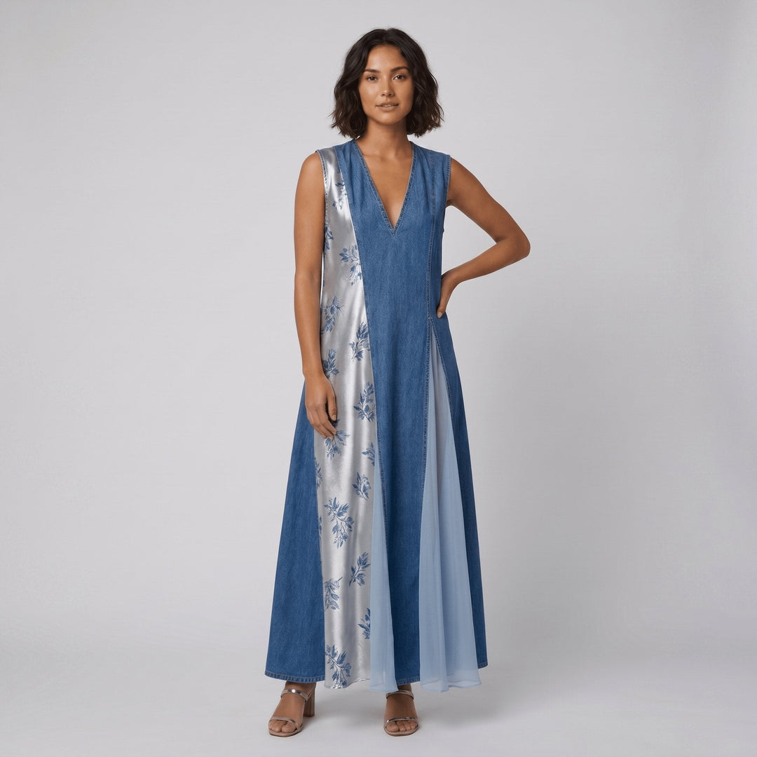 Domitille denim dress with asymmetrical patchwork front, on model