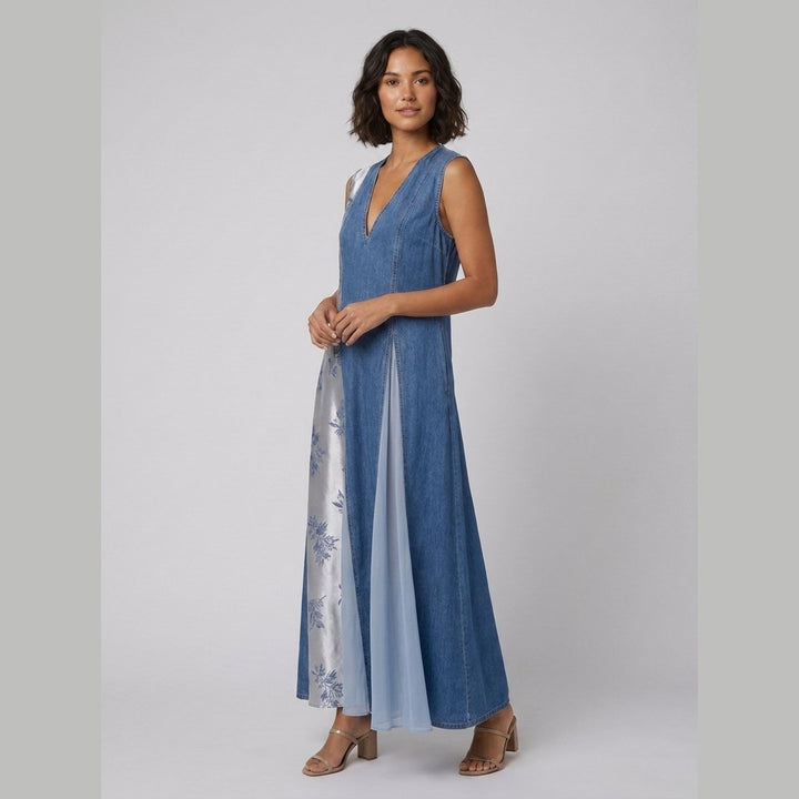 Domitille denim dress with asymmetrical patchwork, side view on model