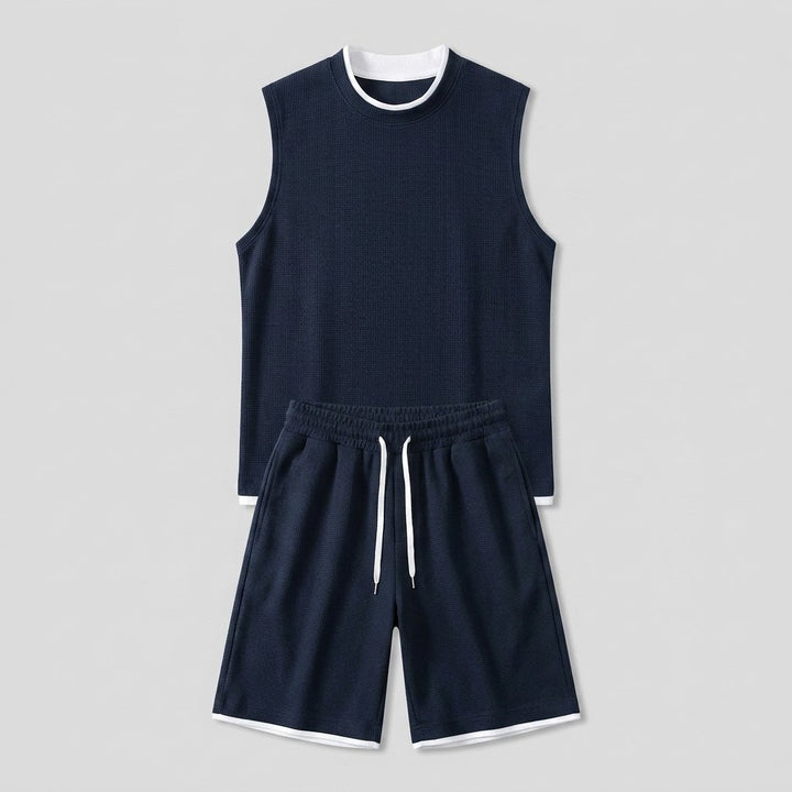 Echelon Lounge Set navy flat lay tank and shorts