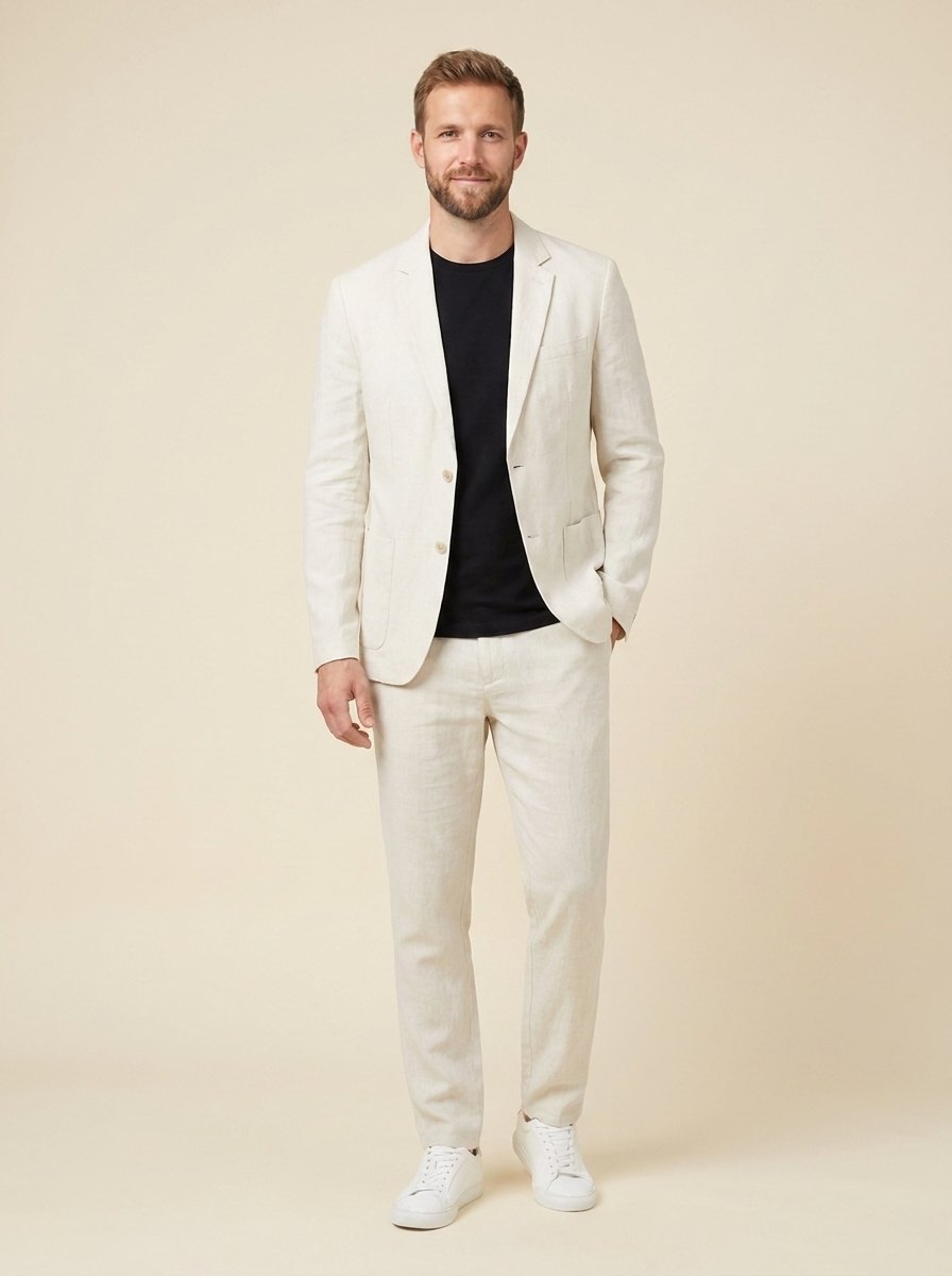 Elegant linen suit set beige front