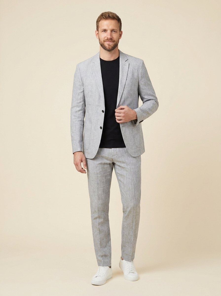 Elegant linen suit set gray front