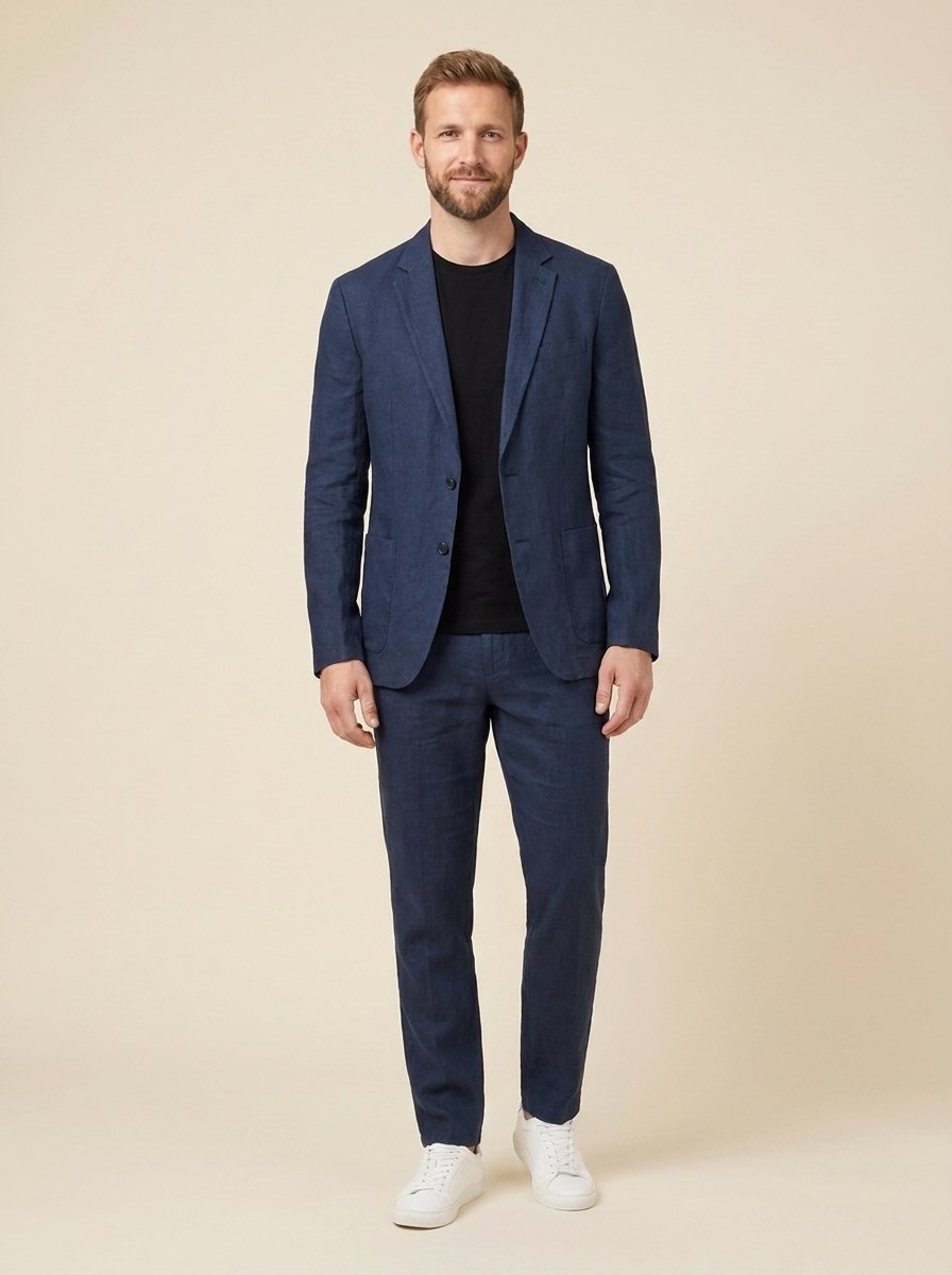 Elegant linen suit set navy front