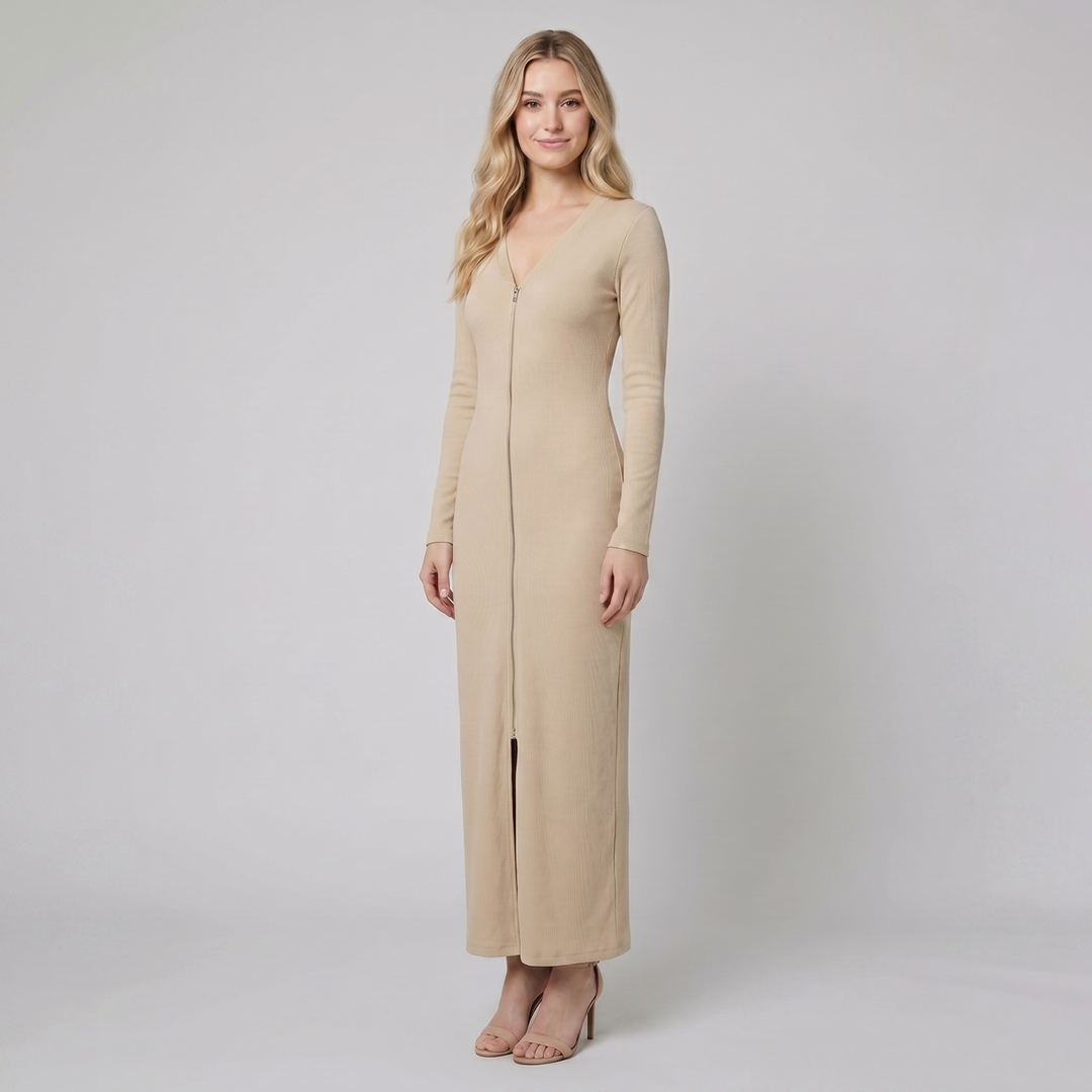 Beige sporty zip front maxi dress