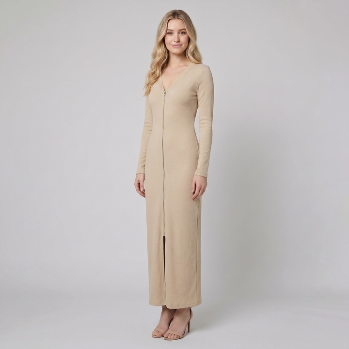 Beige sporty zip front maxi dress