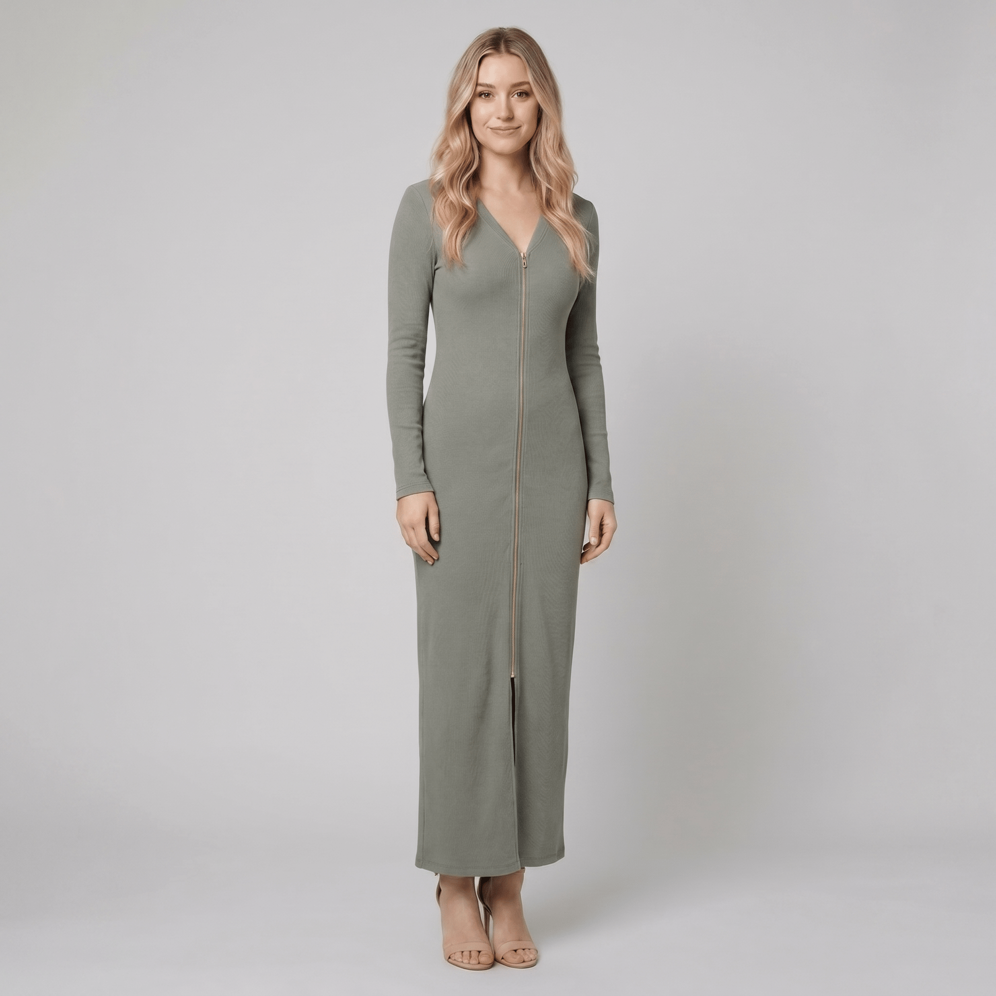 Gray green sporty zip front maxi dress