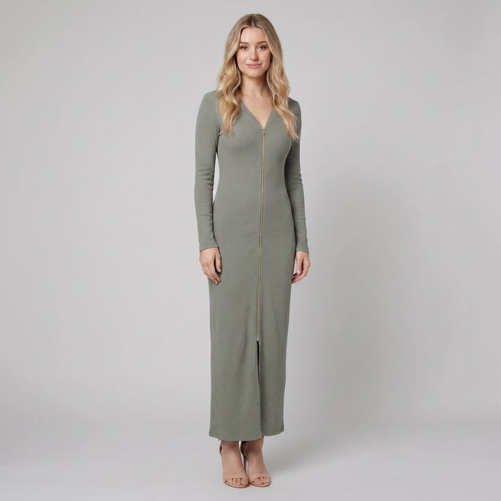 Gray green sporty zip front maxi dress