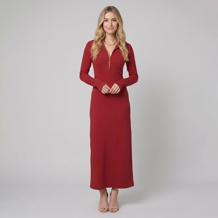 Red sporty zip front maxi dress