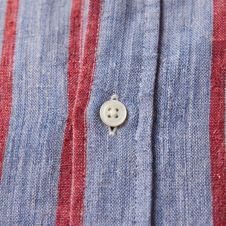 Eli linen shirt fabric and button close-up