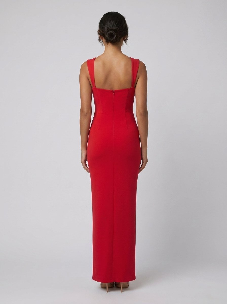 Red stretch crepe maxi dress showing the invisible back zip, on model