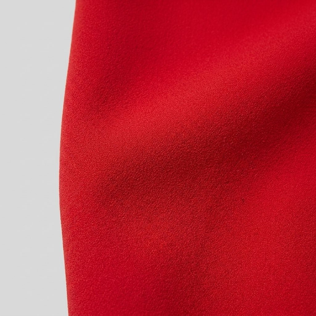 Close-up of the red stretch crepe fabric and pleated neckline