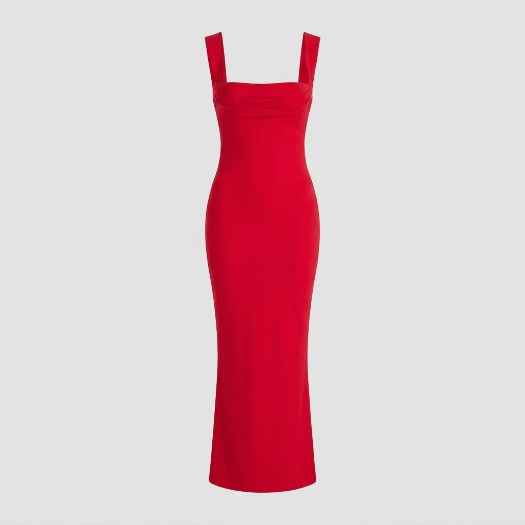 Red stretch crepe maxi dress laid flat, full garment