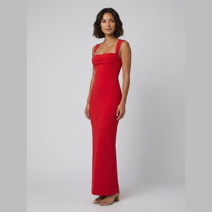 Red stretch crepe maxi dress, side view on model