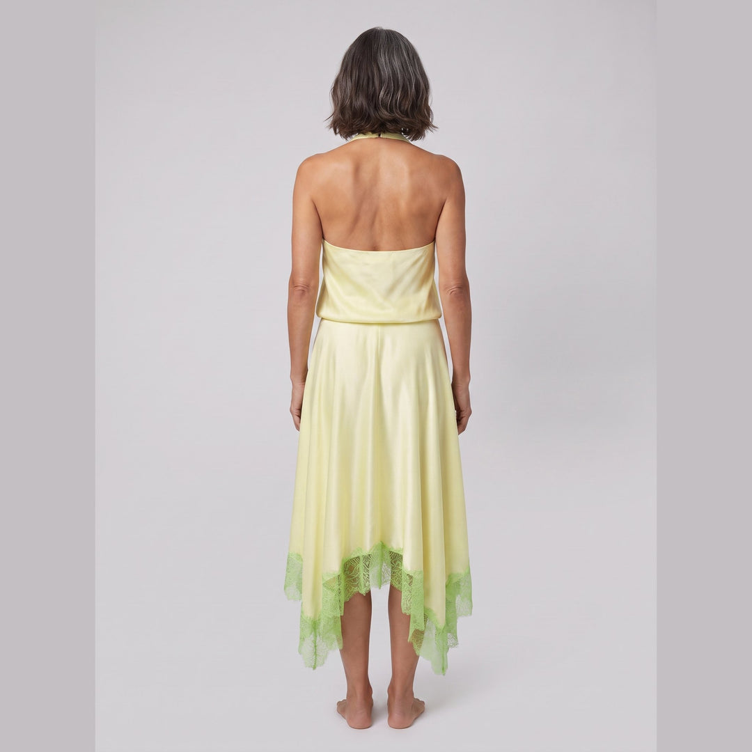 Elira Silk Dress key lime back view on model