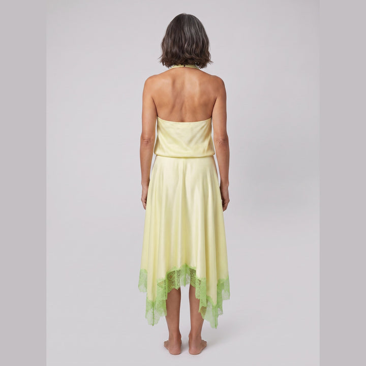 Elira Silk Dress key lime back view on model