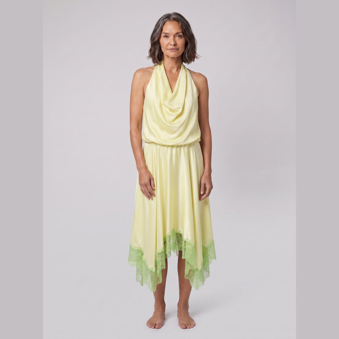 Elira Silk Dress key lime front view on model