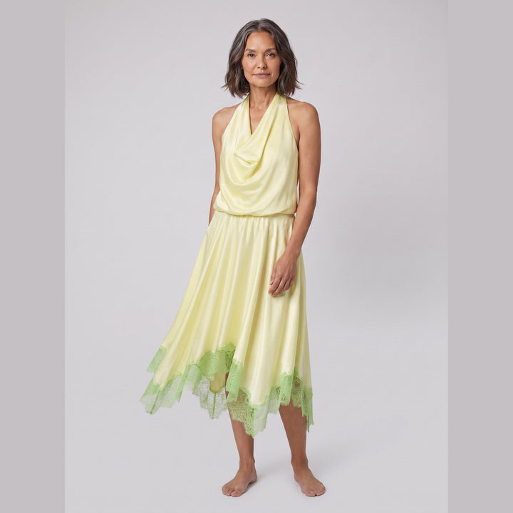 Elira Silk Dress key lime front pose on model