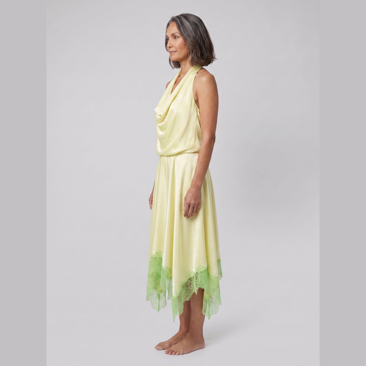 Elira Silk Dress key lime side view on model