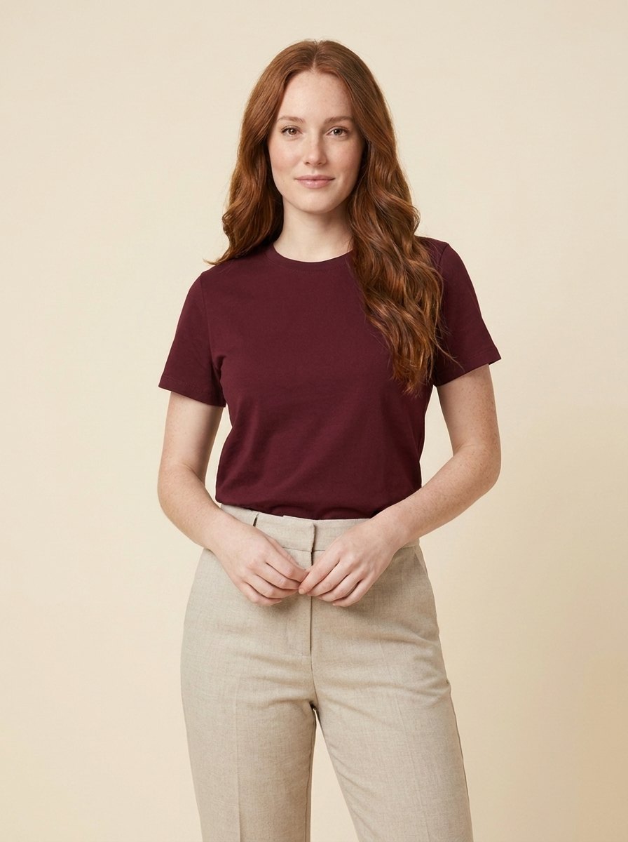 Elise everyday cotton tee maroon on model