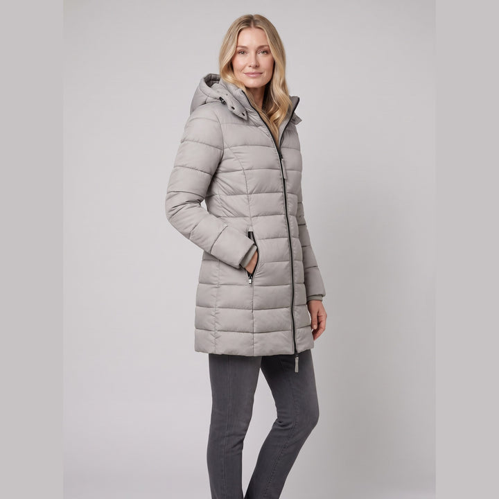Elize lightweight puffer jacket in grey on model