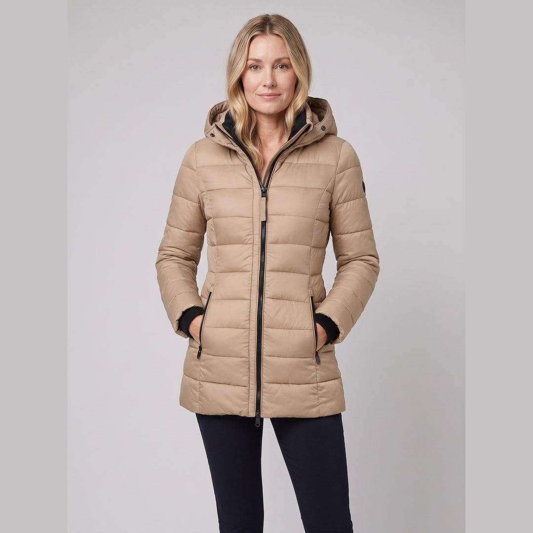 Elize lightweight puffer jacket in khaki on model