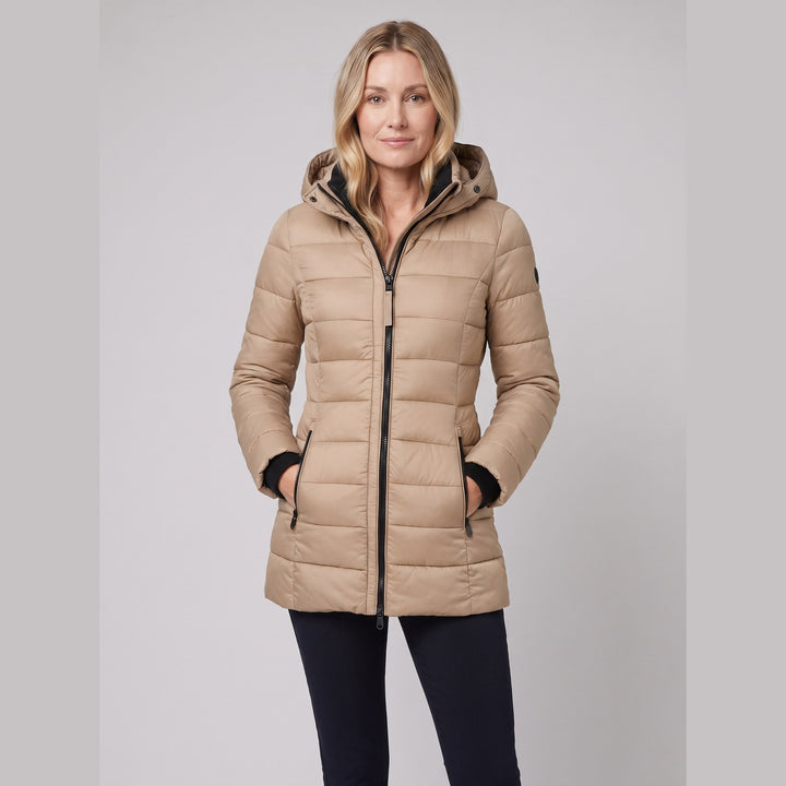 Elize lightweight puffer jacket in khaki on model
