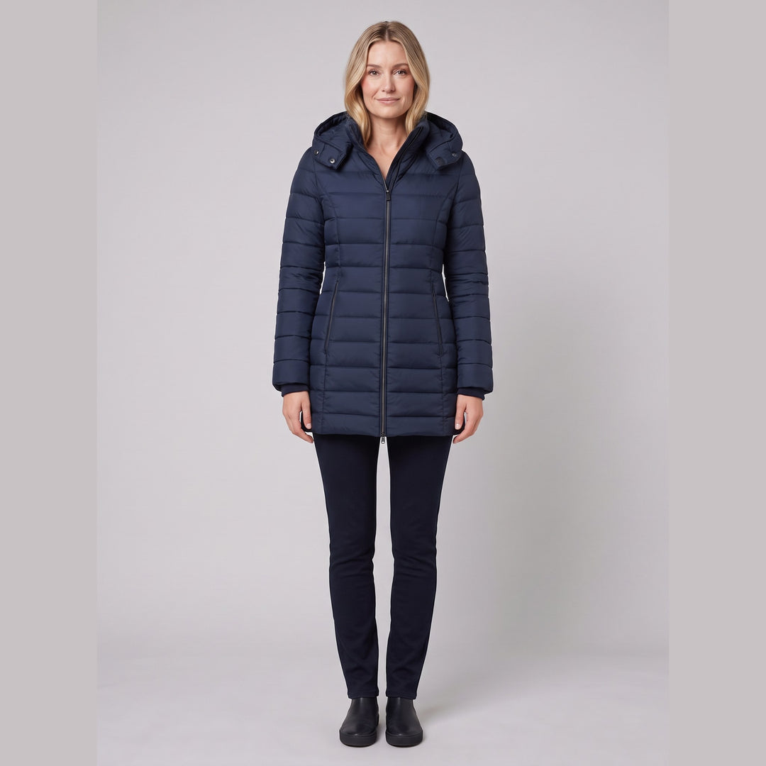 Elize lightweight puffer jacket in navy blue on model