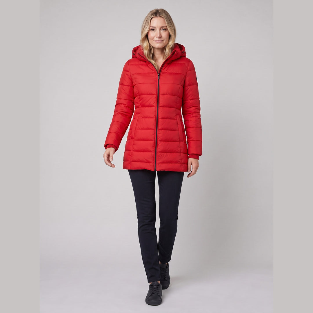 Elize lightweight puffer jacket in red on model
