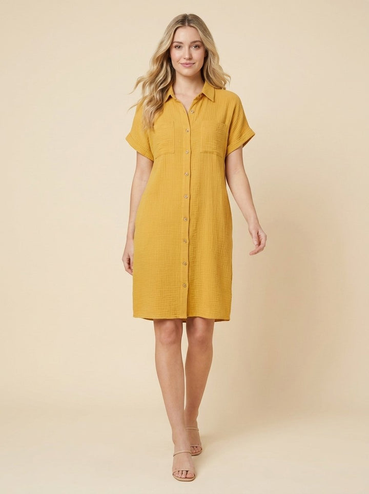 Elodie shirt dress mustard yellow on model