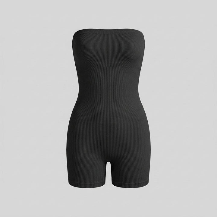 Black seamless bandeau shapewear romper, front view