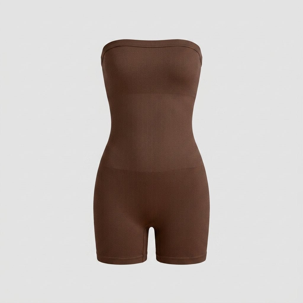 Brown seamless bandeau shapewear romper, front view
