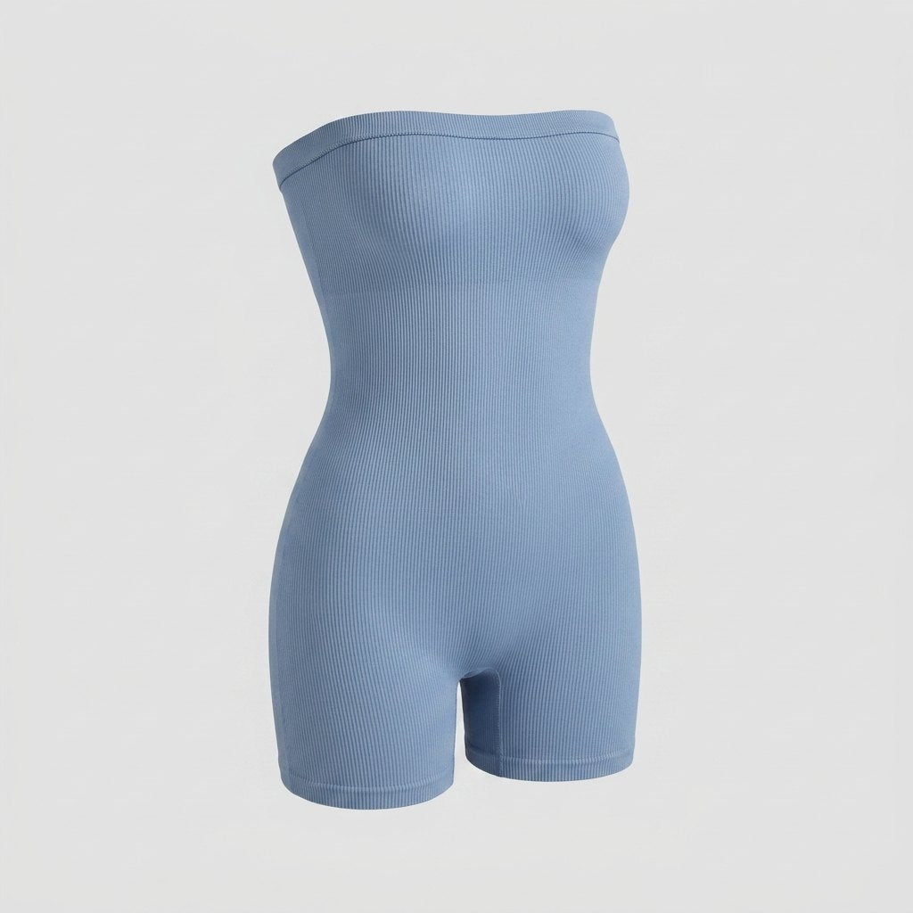 Powder blue seamless bandeau shapewear romper, front view