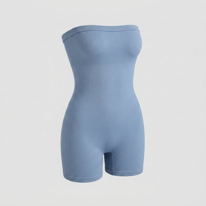Powder blue seamless bandeau shapewear romper, front view