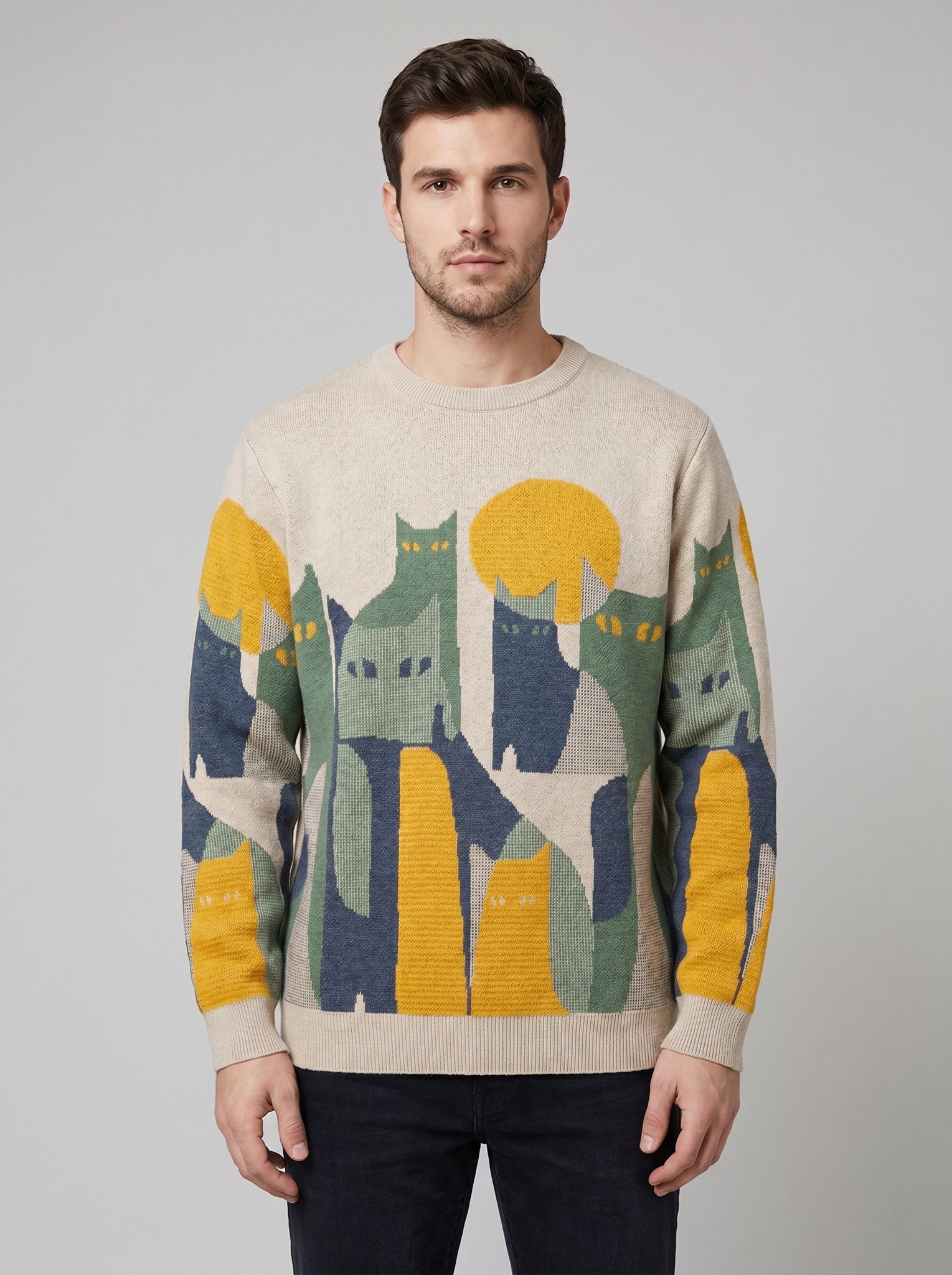 Elora men's cat-jacquard crewneck sweater beige front